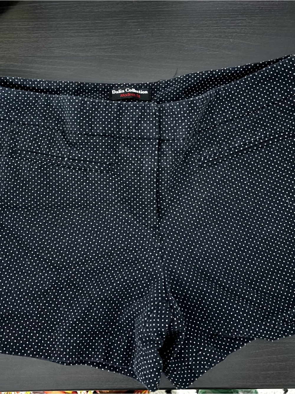 Dalia Collection Navy Polka Dot Lined Skirt with Red Trim